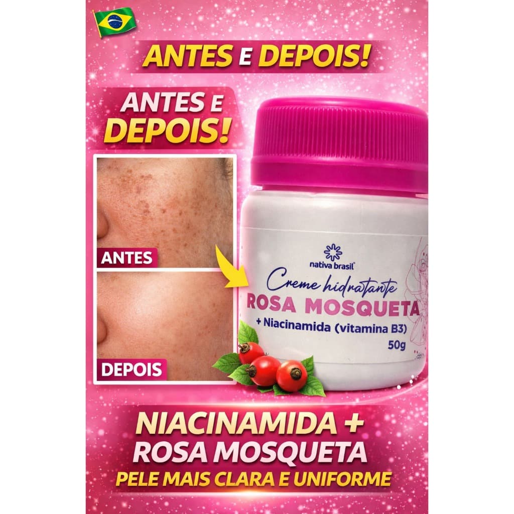 Creme Rosa Mosqueta com Niacinamida Vitamina B3 50g Clareador Facial Anti Manchas