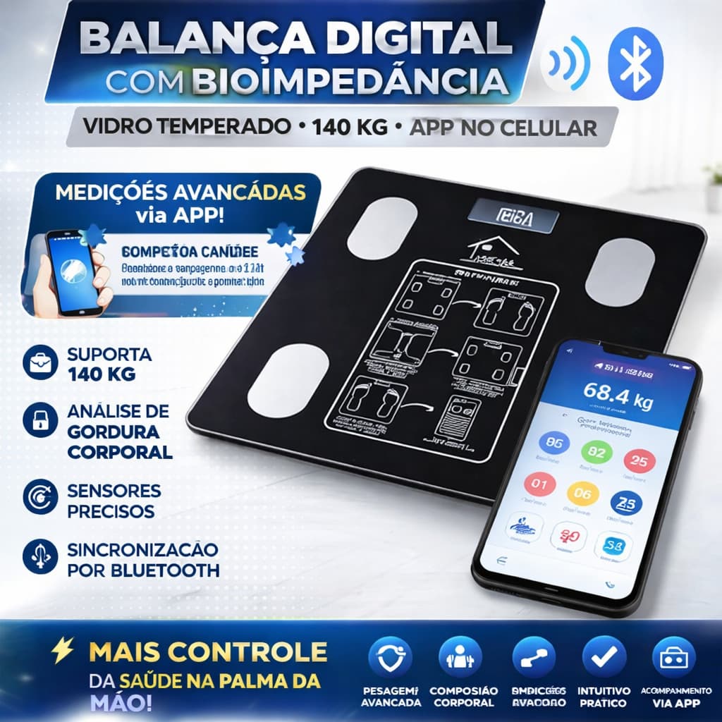Balança Inteligente Bioimpedancia Bluetooth Acompanhamento Peso Corporal Capacidade 140kg Preta