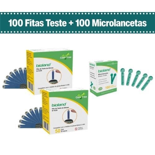 Kit com 100 Fitas para Medição de Glicose G423S + 100 Microlancetas Bioland G428L