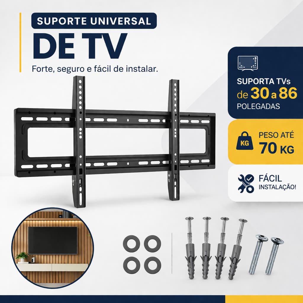 Suporte TV Fixo Universal Parede/Painel 30-86 Polegadas Reforçado Premium + Kit Completo Parafusos