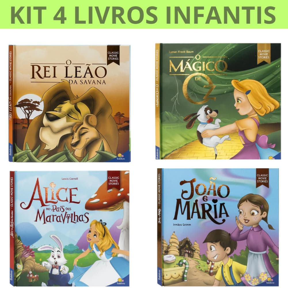 Kit 4 Livros Infantis Histórias Clássicas - João e Maria, Alice no país das Maravilhas, O mágico de oz