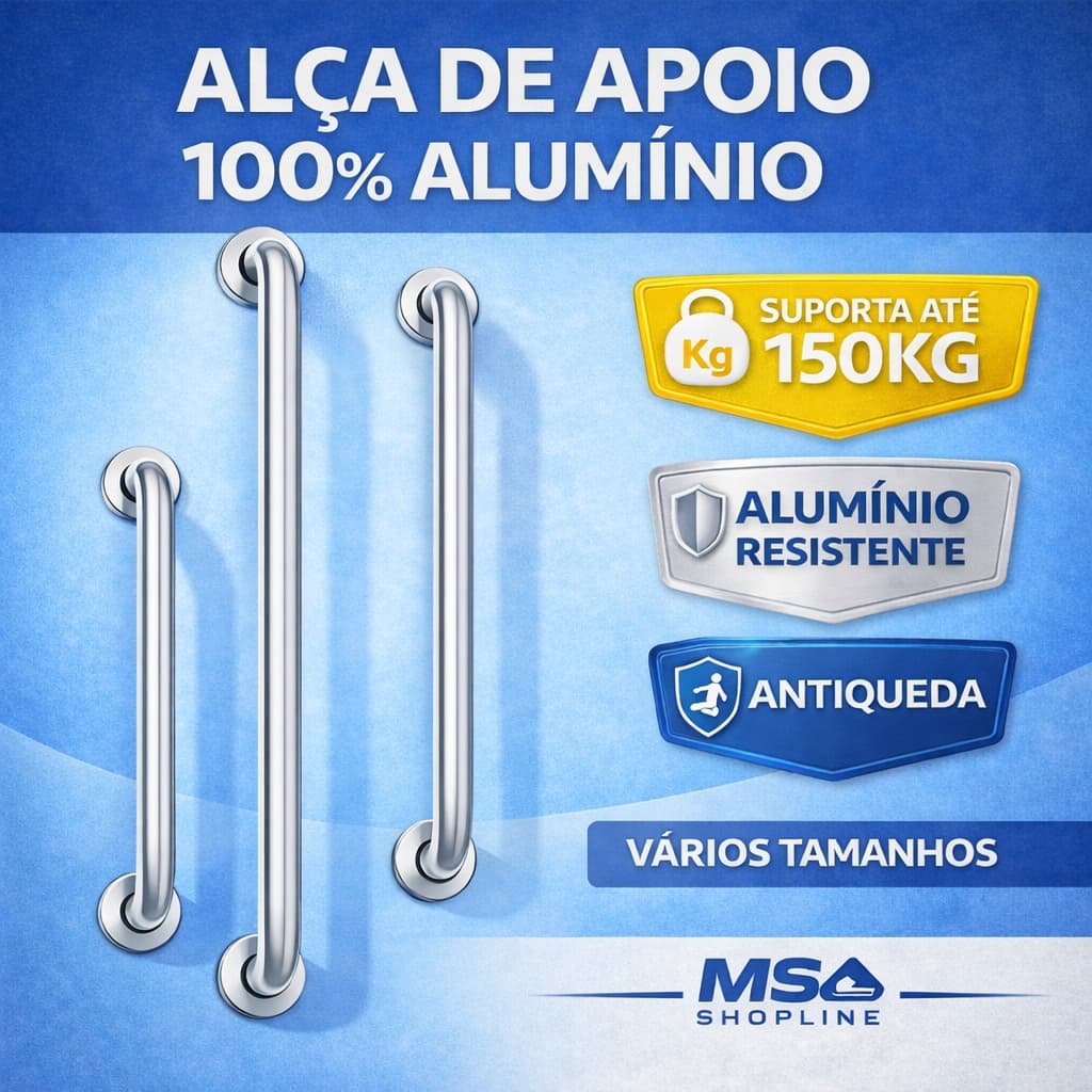 Alça Barra Apoio Banheiro 20cm a 1m Alumínio Idoso Deficiente PCD Segurança Corrimão Piscina AntiQueda Gestante