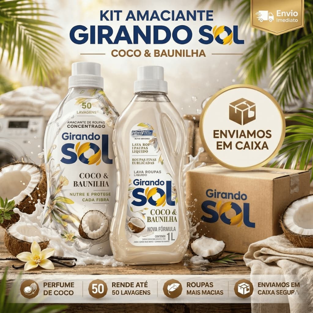 Kit Sabão lava roupas 1L + Amaciante Concentrado 1L Coco com Baunilha Girando Sol