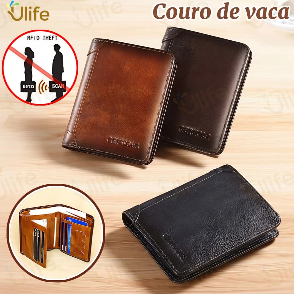 Carteira masculina antifurto, confeccionada em couro genuíno vintage - UF