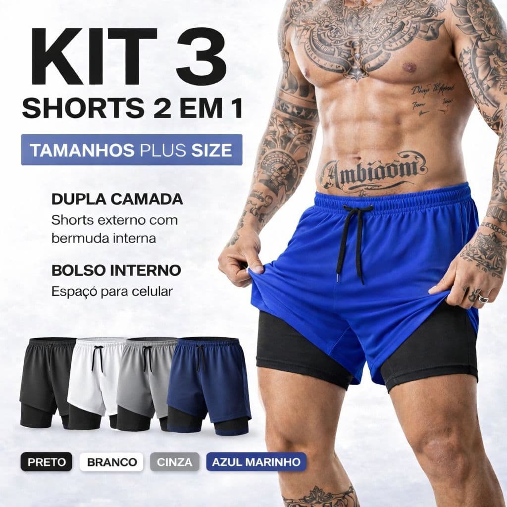 Kit 3 Bermuda 2 em 1 PLUS SIZE Original Esporte Treino Masculino Corrida Casual Shorts