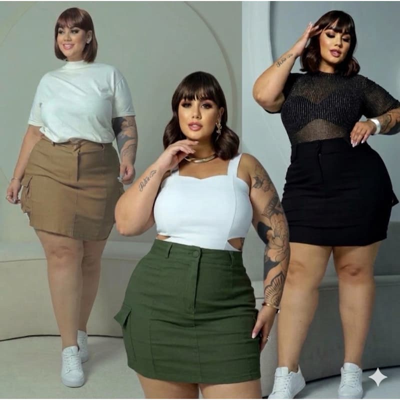 SHORT SAIA CARGO PLUS SIZE com CINTO PLUS Alfaiataria feminina bolsos laterais com elástico costas G1 G2 G3 48 50 52
