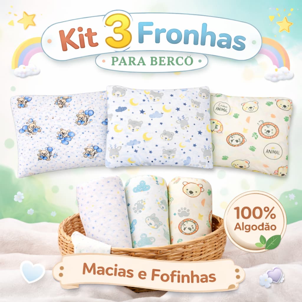 Kit 3 Fronhas 30x40 cm Infantil / Berço 100% Algodão – Macias para Travesseiro Bebê