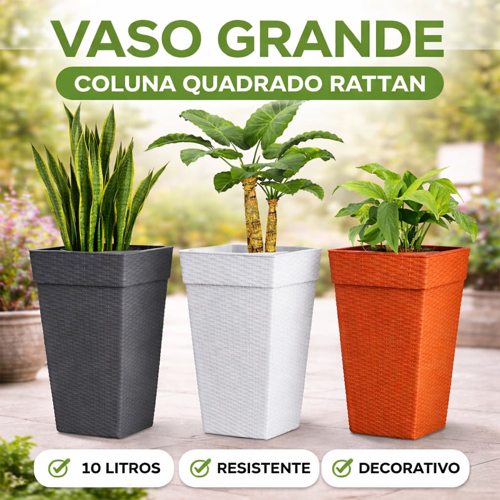 Vaso Grande Coluna Quadrado Rattan Para Flores E Plantas 10l