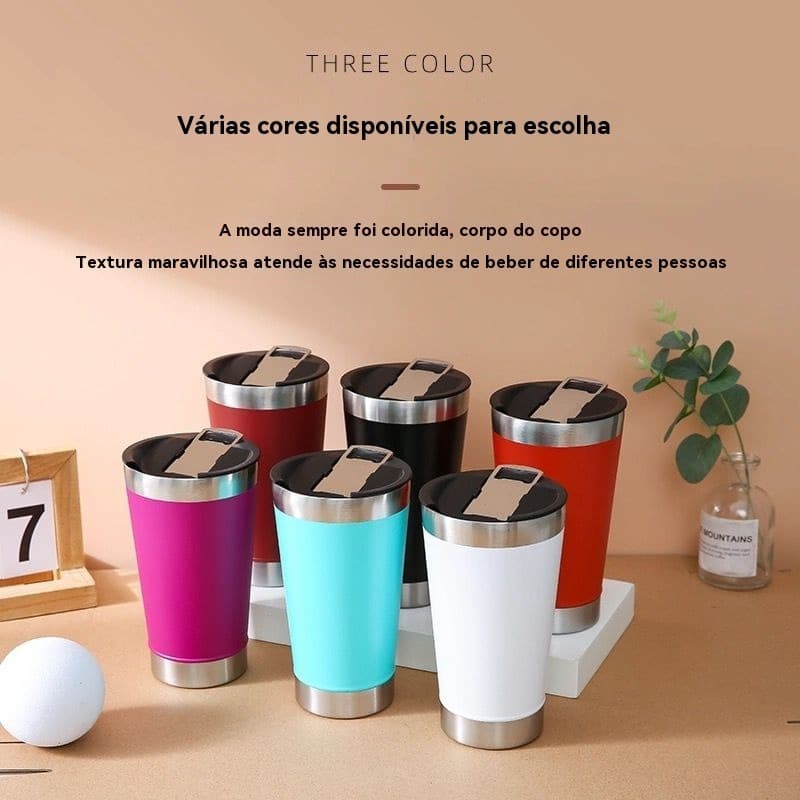 Copo Térmico Inox 473ml com Tampa Caneca Isolada Bebida Quente Fria Portátil Cores Variadas