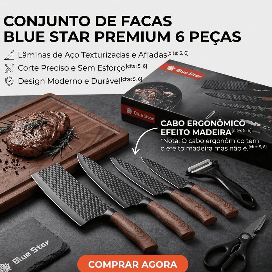 Conjunto Faca Inox 6 Peças Com Cabo Reforçado Aço Carbono Descascador Tesoura Cutelo Carne Legumes