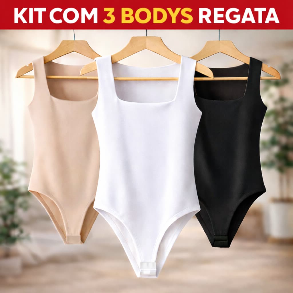Kit 3 Body Feminino Decote Quadrado Alça Larga Regata Suplex Liso Casual Forro Duplo Moda Basica
