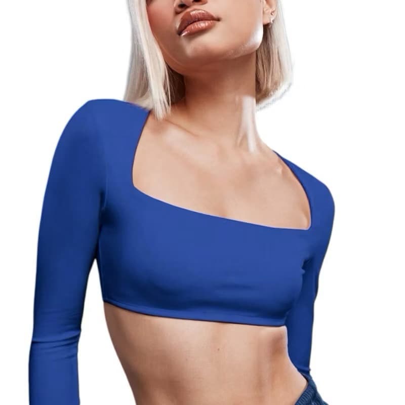 Top Cropped Feminino Manga Longa – Blusa Justa Decote Quadrado Moda Noite e Casual