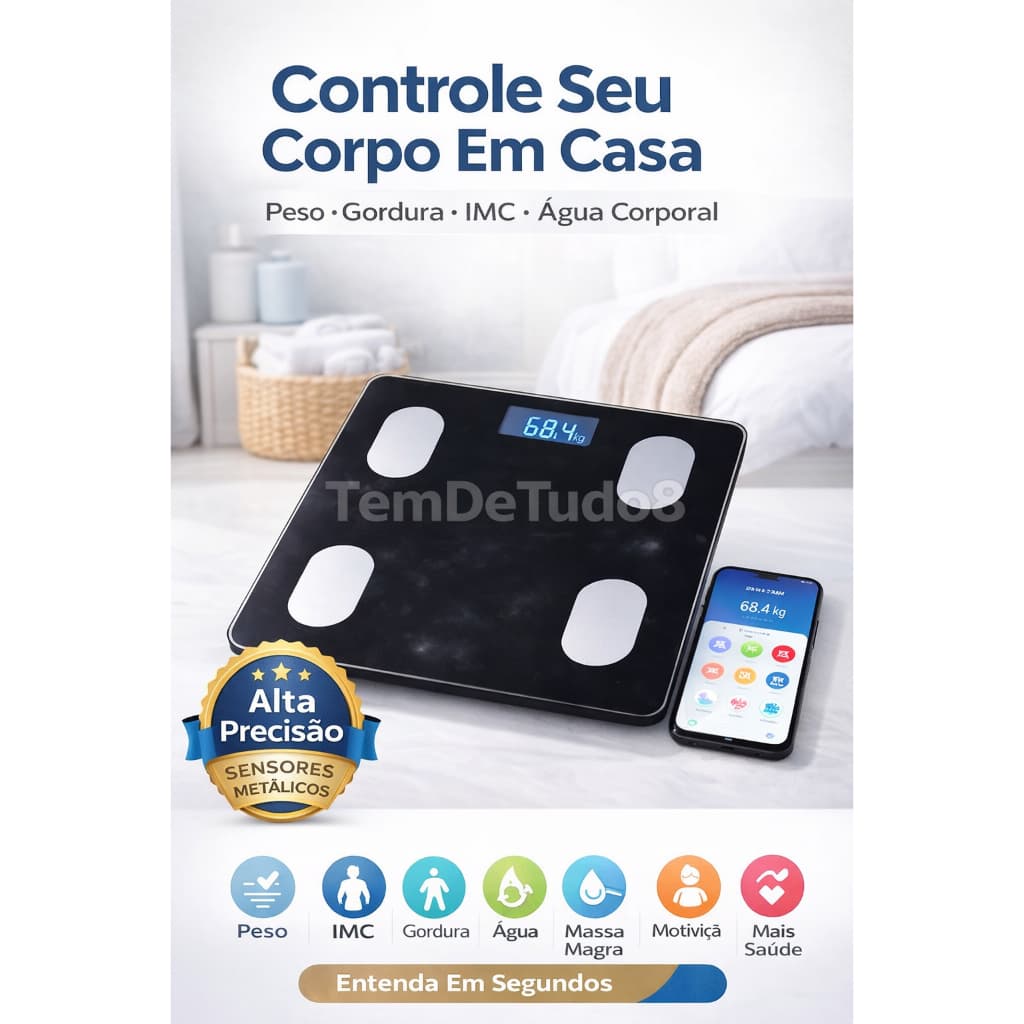 Balanca Inteligente Bioimpedancia 140kg Bluetooth App Android iOS Mede Gordura Massa Agua Corporal