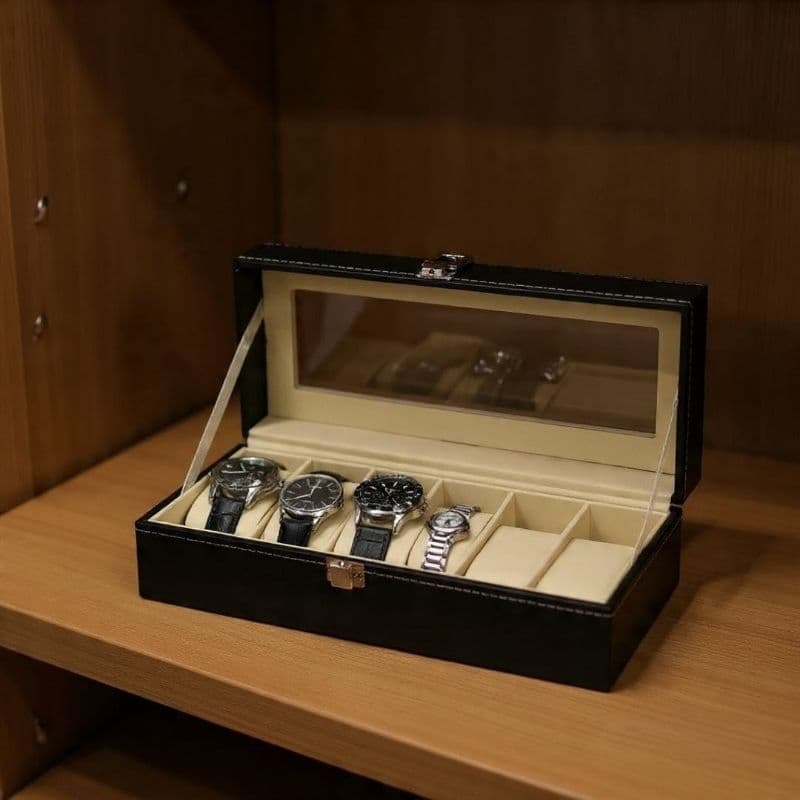 Caixa Organizadora Relogios 6 Compartimentos Visor Transparente Expositor Elegante Protecao