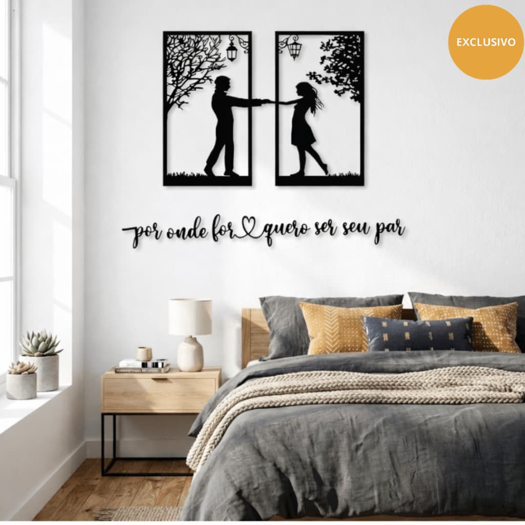 Quadro Casal Cabeceira + Frase Por onde for quero ser seu par Mdf Decorativo