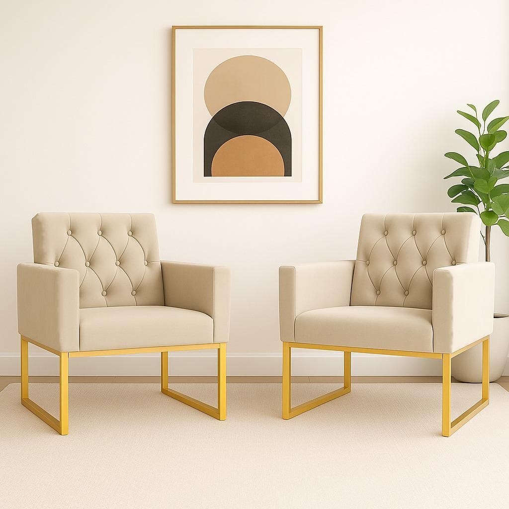 Kit 2 Poltronas Thais com Base de Ferro Dourado – Conforto e Estilo para Recepção
