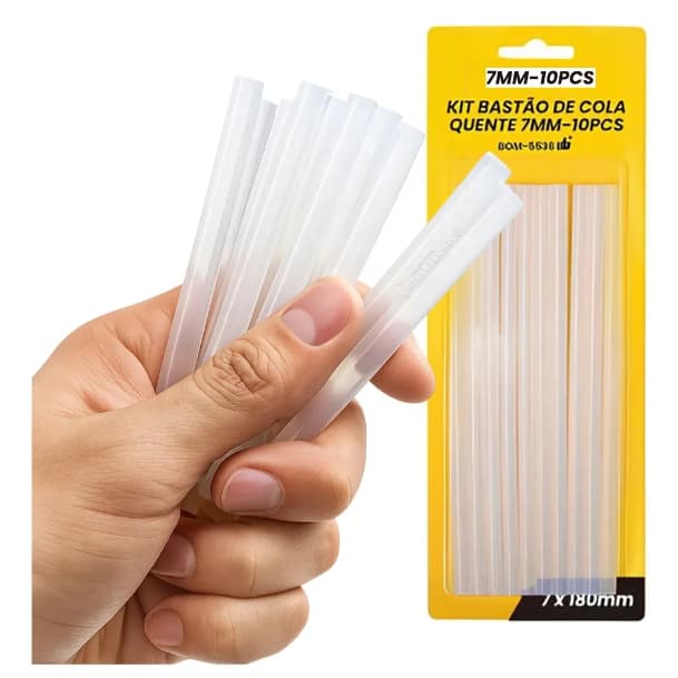 Bastão Cola Quente 7mm Transparente-Kit com 10 Unidades