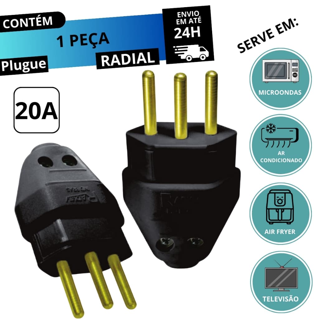 Plugue Macho Preto 20a 2P+T Maciço Radial 1501.135