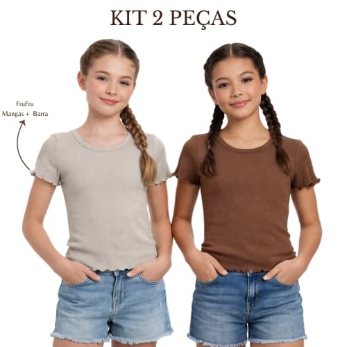 Kit 2 Peças Baby Look Juvenil Camiseta Feminina Babado Fru-Fru  Premium Confortável 02.3.95