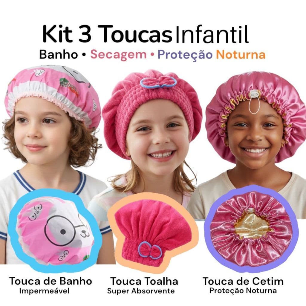 Kit 3 Toucas Infantil Touca Banho Toalha Magica de Cetim Cuidados com o Cabelo Anti Frizz Kids