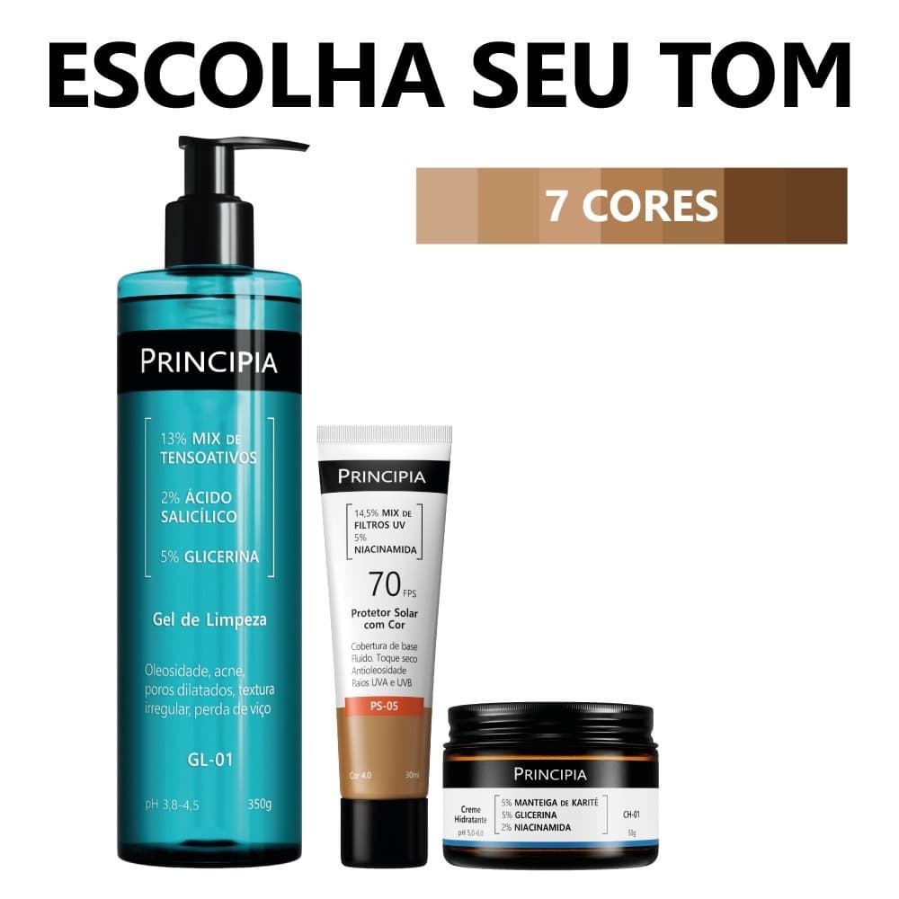Principia Kit Limpa Hidrata e Protege c/ Gel de Limpeza GL-01 + Creme Hidratante CH-01 + Protetor Cor PS-05 FPS 70