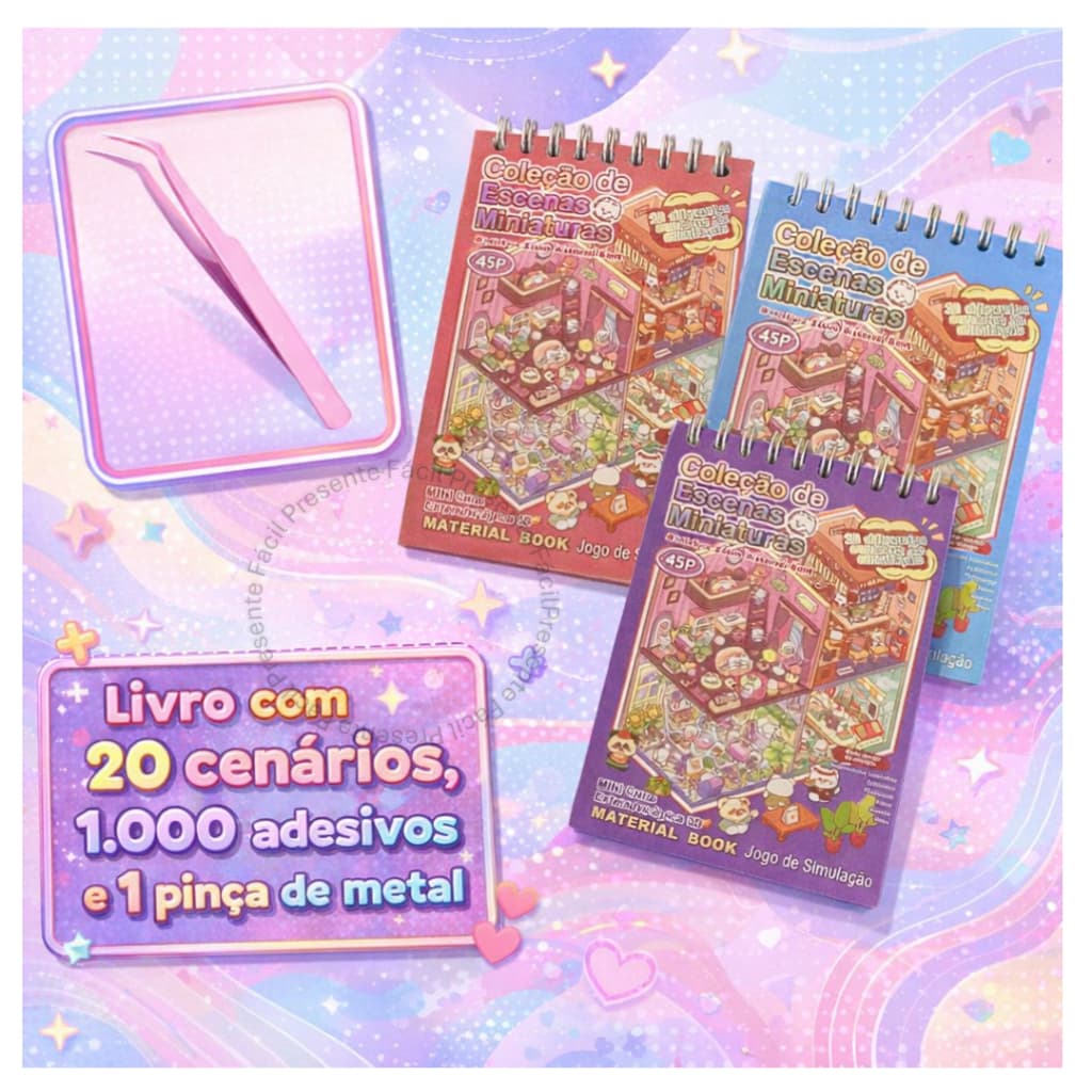 Caderno Adesivos 3D 20 Cenários + Pinça Metal 1000 Adesivos CAPA DURA PORTUGUÊS Para Montar e Decorar