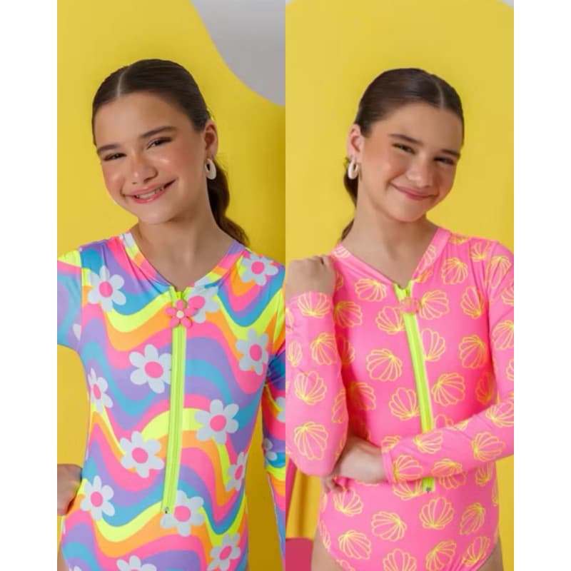 Maiô infantil manga longa com proteção UV solar e zíper cores vibrantes 2 aos 16 anos