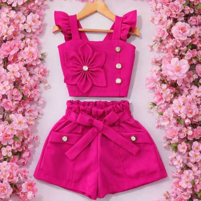 CONJUNTO INFANTIL CROPED E SHORT FEMENINO TECIDO ALFAIATERIA BABY MENINA DE VERÃO