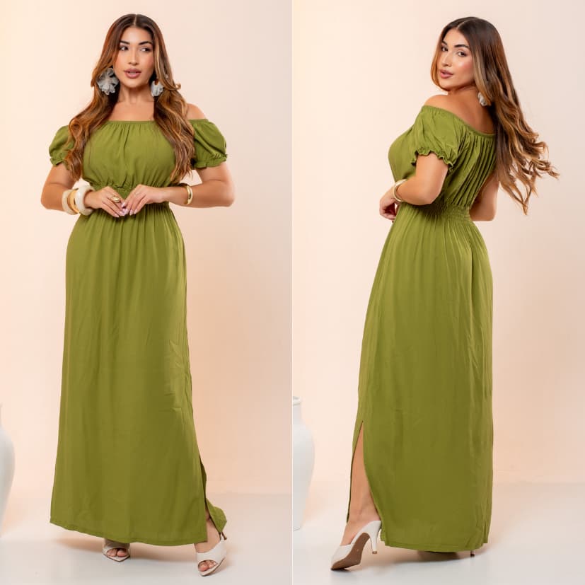 Vestido Longo em Viscolinho Manga Curta  Ombro a Ombro