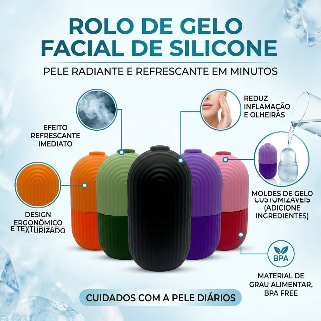 Rolo de Gelo Facial em Silicone | Massagem, Lifting, Reutilizável, Melhora a Pele e Fecha Poros