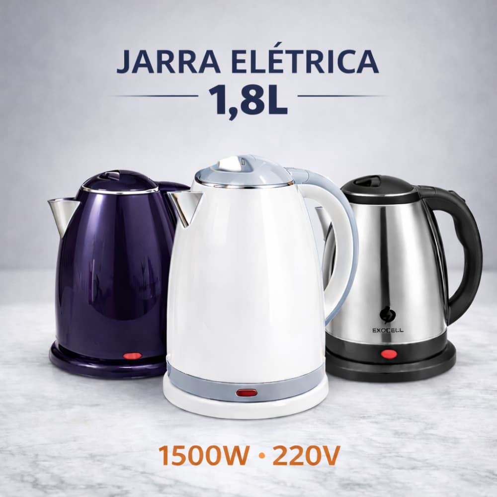 Chaleira Elétrica 1,8L 1500W 220V Ferve Água Rápido Inox Branca Roxa Base 360° Desligamento Automático