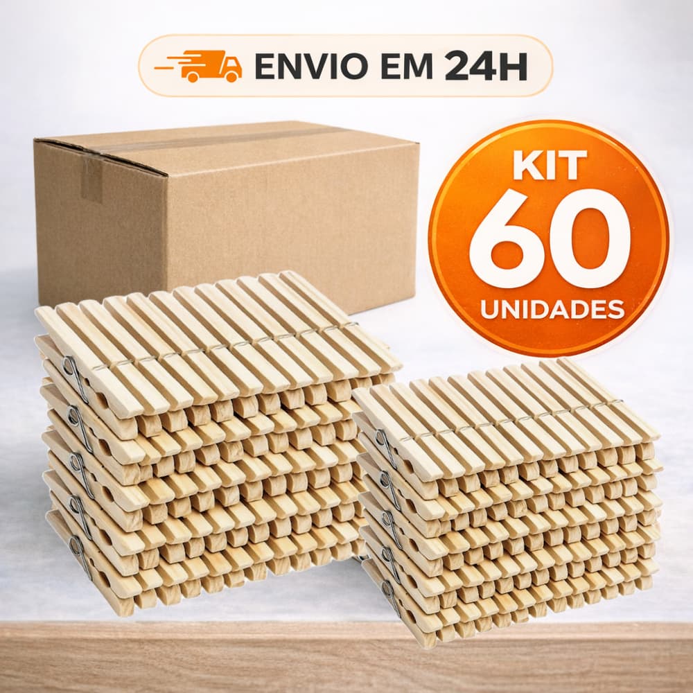 Prendedores Pregadores Roupa Madeira Artesanato Embalagem c/ 60 unidades