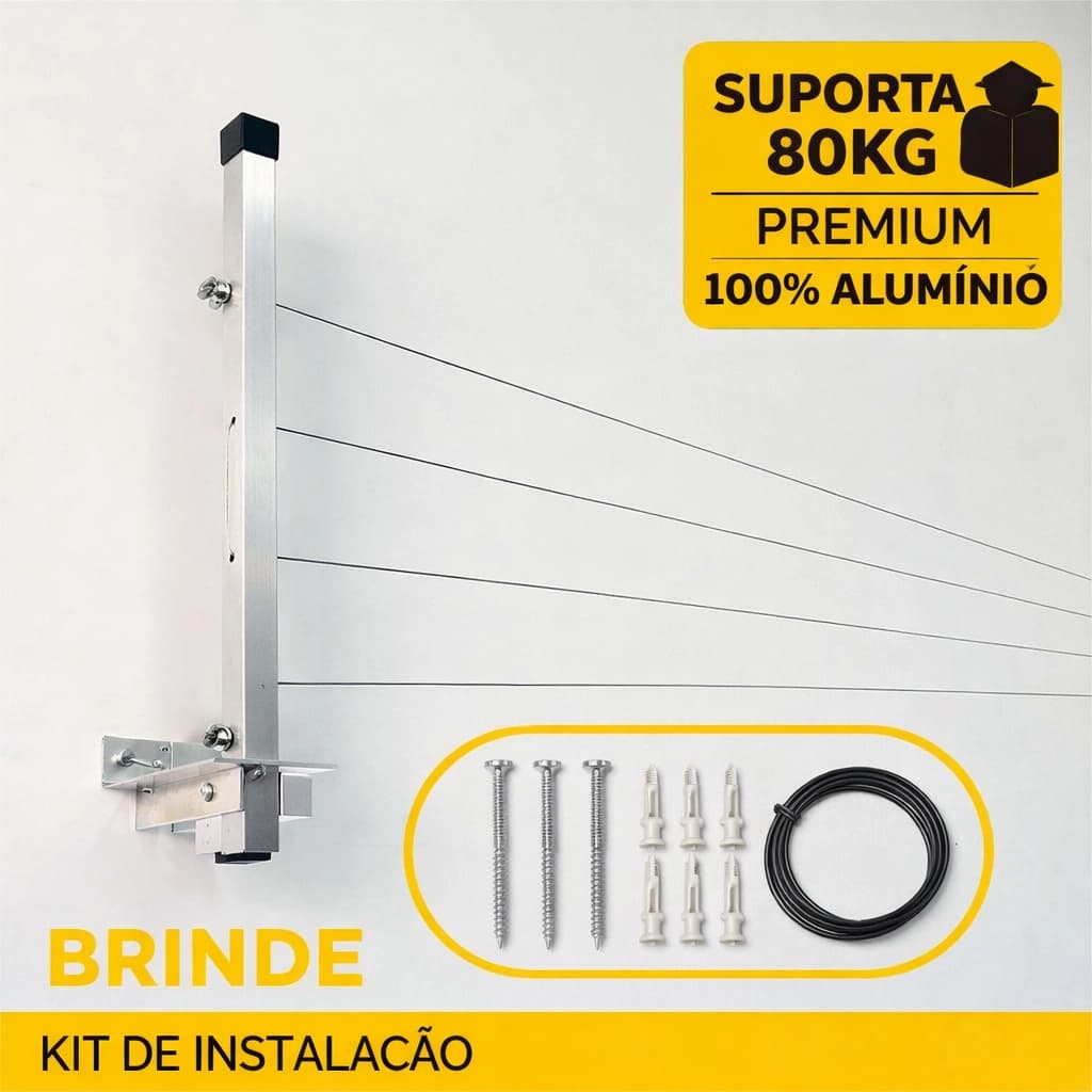 Varal Retrátil de Alumínio Reforçado 80kg – Parede Premium A+ Super Robusto