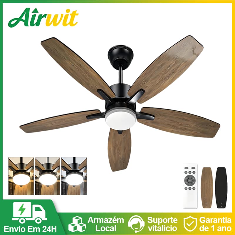 Ventilador De Teto Inverter DC 5 Pás Madeira 42" Silencioso 6 Velocidades 3 Cores Controle Remoto Moderno Residencial
