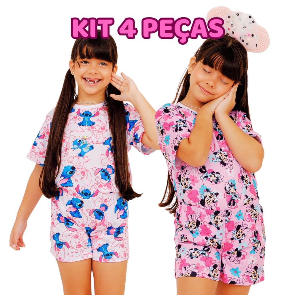 Kit Sortido 4 peças pijama infantil menina pijama feminino estampado blusa e Short Entrega Rápida