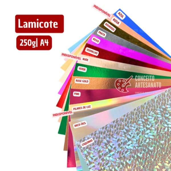 Papel Laminado Lamicote 250g - A4 - 10 folhas (VÁRIAS CORES)