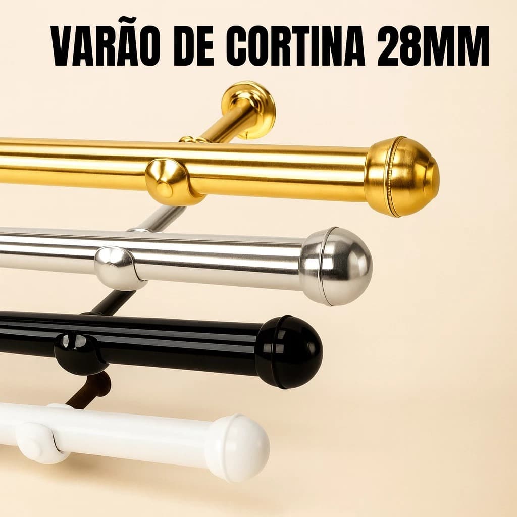 Varão de Aço Para Cortina Simples 28mm GROSSO com Ponteira e Suporte - Aço Ferro