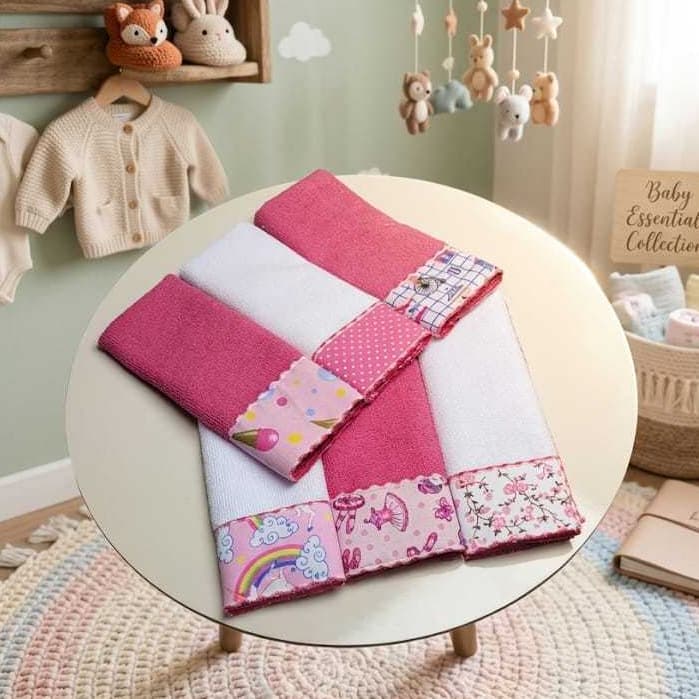 Kit 06 Paninhos de Boca Bebê Toalha de Ombro e Babete em Tecido Atoalhado Misto