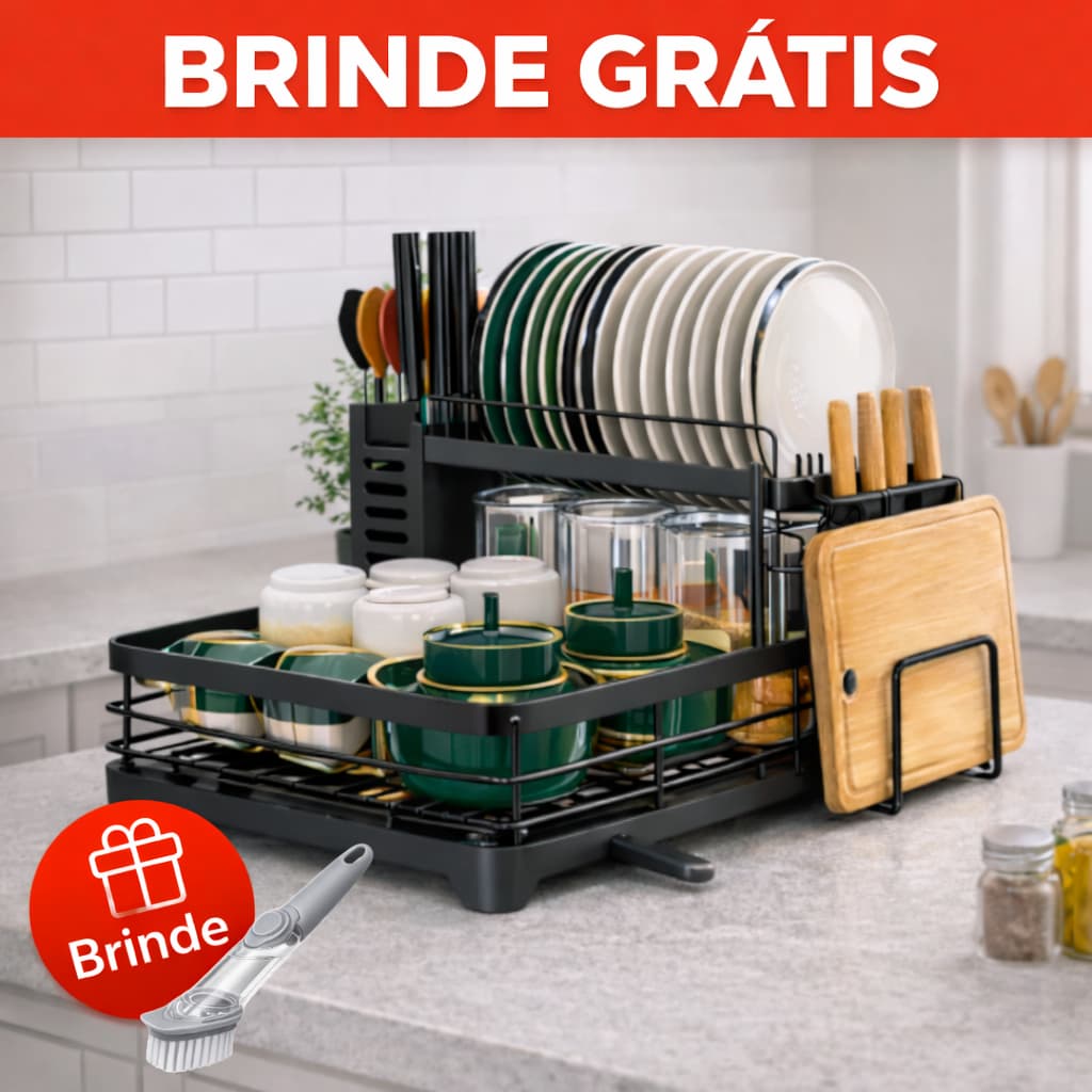 Escorredor de Louça Duplo Organizador de Pia em Aço Carbono com Porta Copos e Talheres