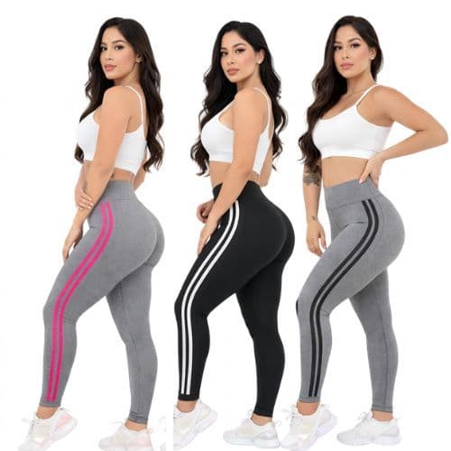 Calça Legging Listras Laterais Leg Premium de Cintura Alta Academia Feminina Elástica e Fitness