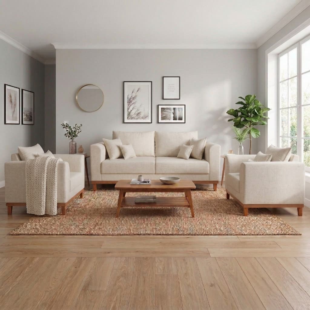 Kit Sofá 3 Lugares e Poltronas Sala de Estar Beny Linho Bege Madeira Estofados