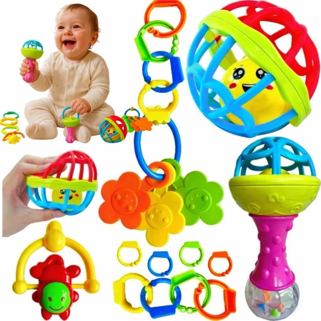 Kit Chocalho Mordedor Divertido Para Bebê Sensorial 8 Peças