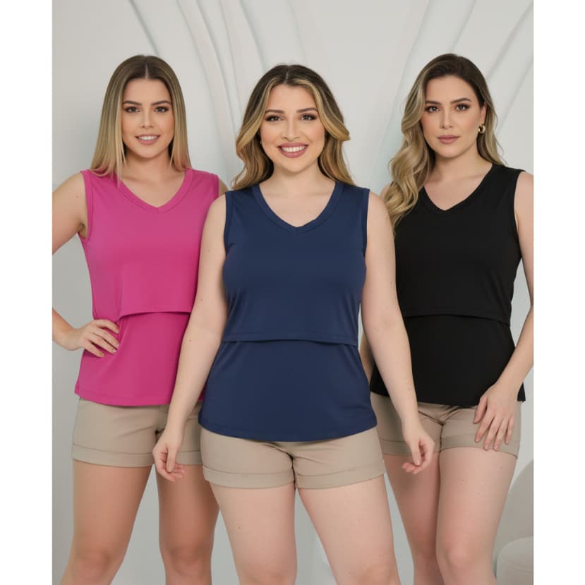 Kit 3 Blusa Gestante Regata Gola V Amamentação Gestante Mãe leite maternidade blusinha grávida