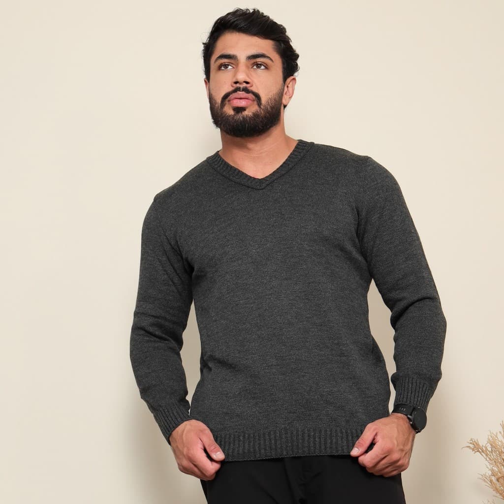 Blusa Masculina Decote em V Manga Longa Suéter em Tricô Lã Inverno Estilosa Lisa Básica Versátil