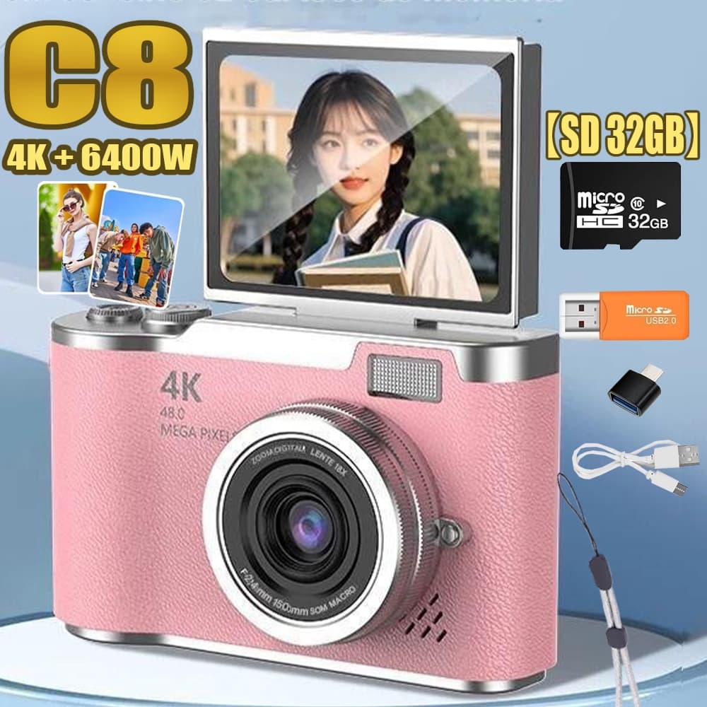 2026 Novo C8 produto Campus CCD  4k 8x HD câmera Digital estudante câmera Presentear SD 32GB