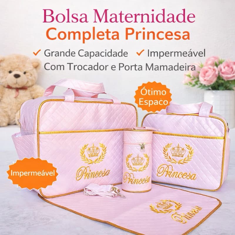 kit bolsa maternidade menina e menino completa tema de princesa,príncipe,Safari grande e impermeável