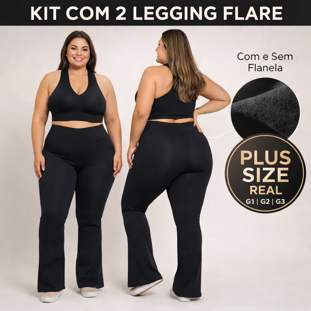 Kit 2 Calça Legging Flare Plus Size Suplex Flanelado Grosso Cós Alto Boca de Sino Bailarina Legg Curve+ Tecido Peluciado