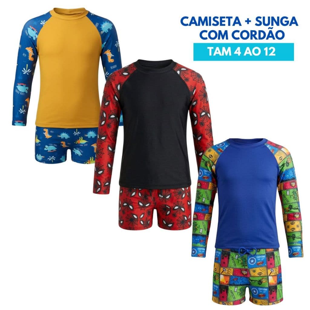 Conjunto Camiseta e Sunga Infantil 2 4 6 8 10 Estampas Exclusivas Praia Piscina