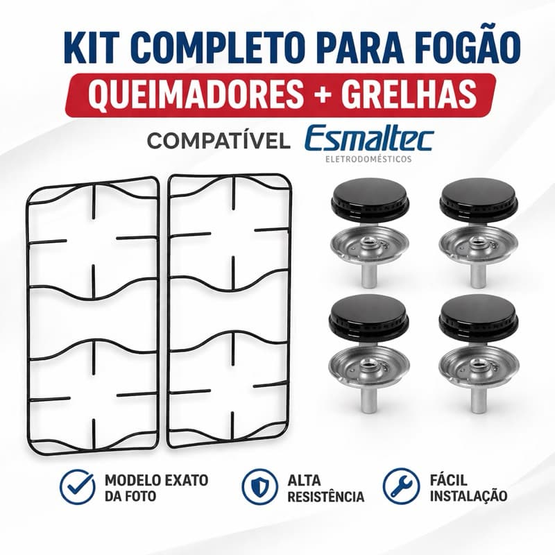 Kit 4 Queimador+ 4 Espalhador e 2 Grelha Esmaltec Agata 4 Bocas