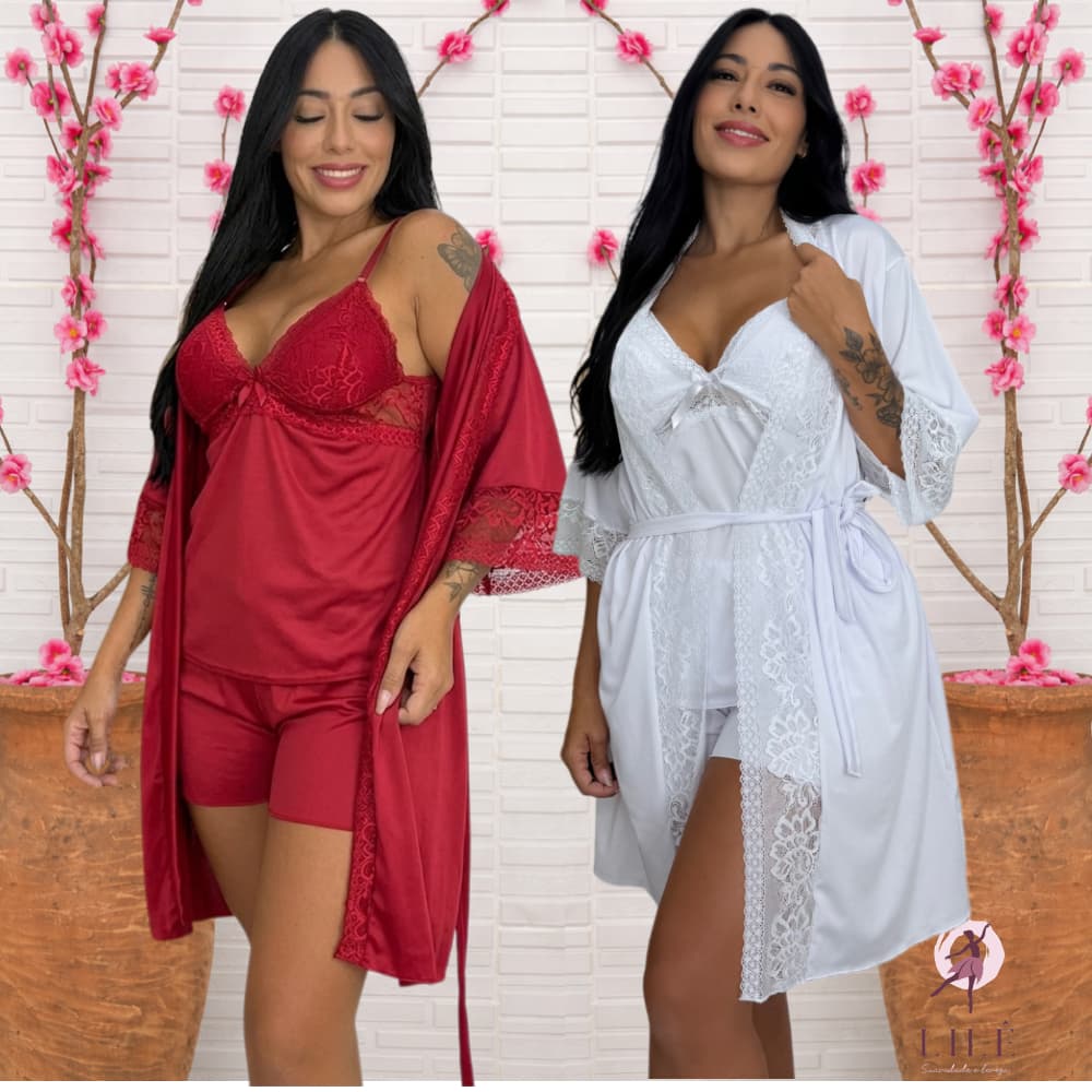 Kit Baby Doll + Robe Pós Parto Maternidade Abre Fácil Com Renda Gestante Grávida